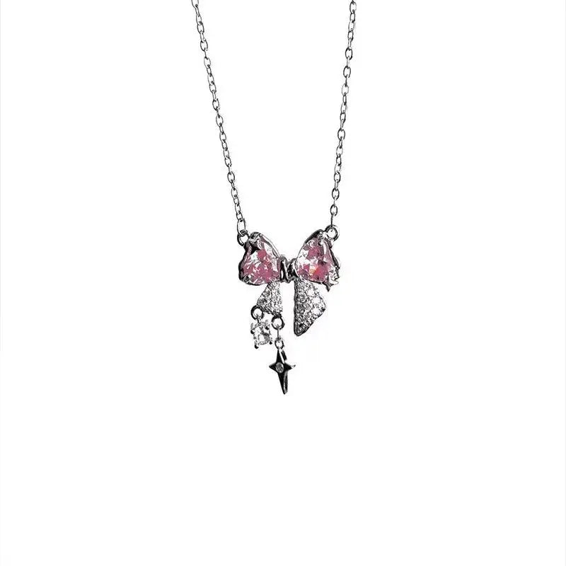 New design bow pink zircon cross pendant necklace